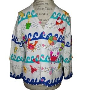 Vintage Janes Closet Beach Cardigan Sweater Womens Large Coastal Nautical Ocean